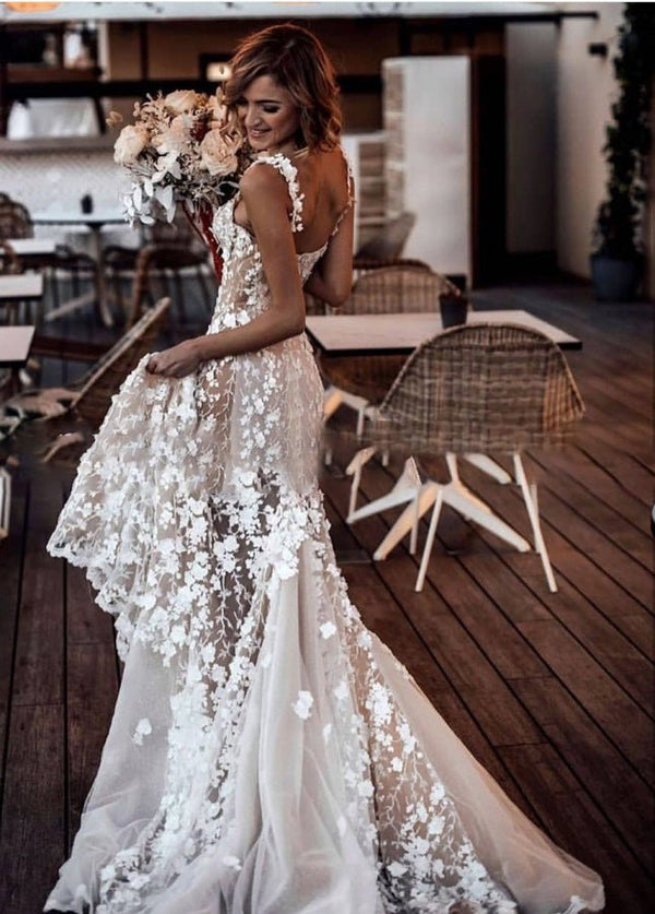 Sexy Lace Floral V - Neck Sleeveless Wedding Gown with Shoulder Straps - KissProm