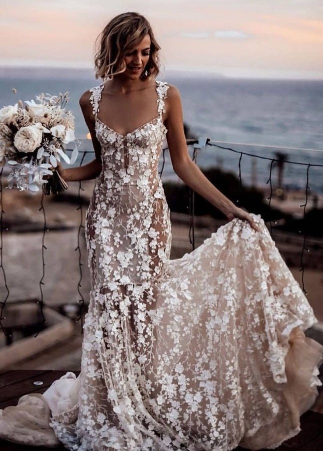 Sexy Lace Floral V - Neck Sleeveless Wedding Gown with Shoulder Straps - KissProm