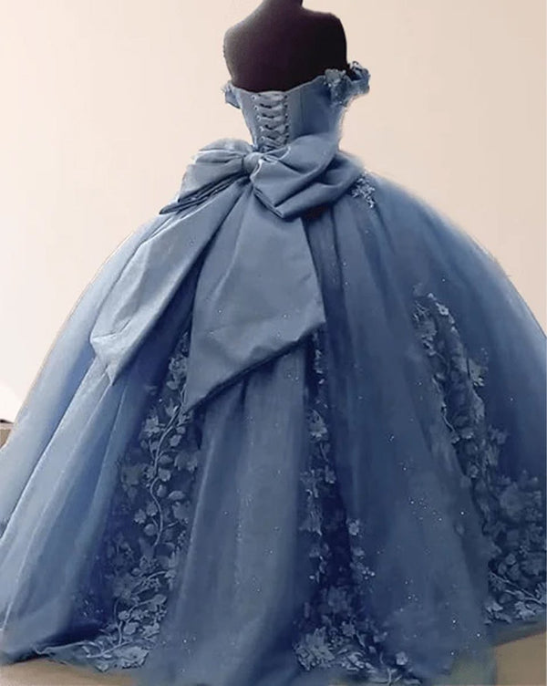 Big Bow Floral Flower Lace Applique Off Shoulder Ball Gown Quinceanera Dresses - KissProm