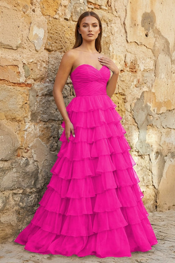 Sweetheart Blue Chiffon Tiered A - line Prom Dresses - KissProm