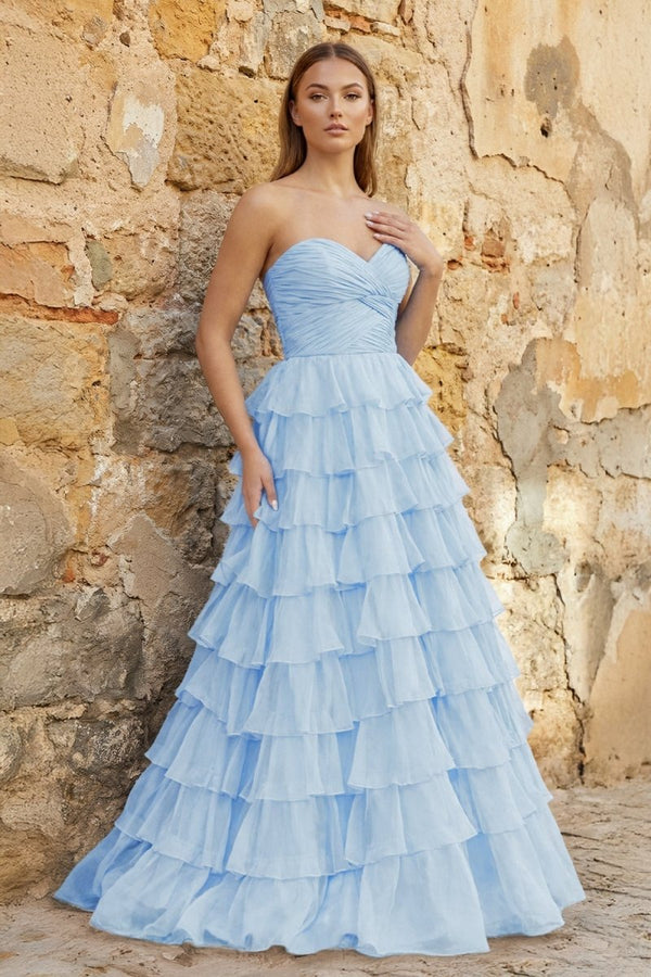 Sweetheart Blue Chiffon Tiered A - line Prom Dresses - KissProm