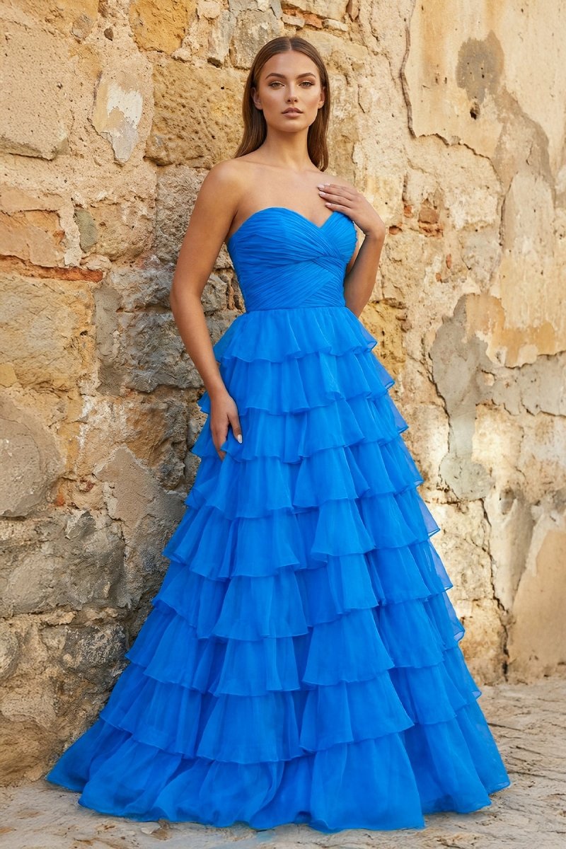 Sweetheart Blue Chiffon Tiered A - line Prom Dresses - KissProm