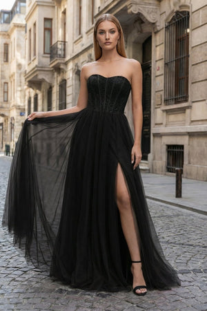 A - Line Sweetheart Beads Empire - Waist Sleeveless Prom Dress With Slit - KissProm