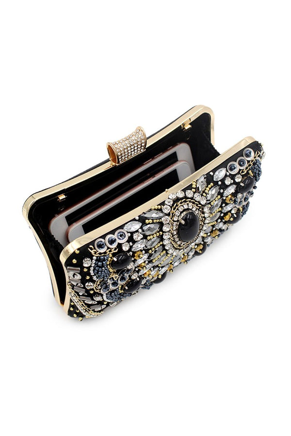 Black Beaded Shoulder Chain Evening Clutch - KissProm