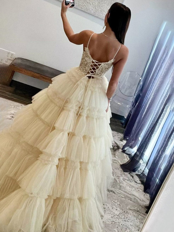 Hadlee | Black Beaded Spaghetti Strap Ruffle Tiered Ball Gown