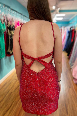 Sexy Fitted V-Neck Spaghetti Straps Fully Beaded Homecoming Dress