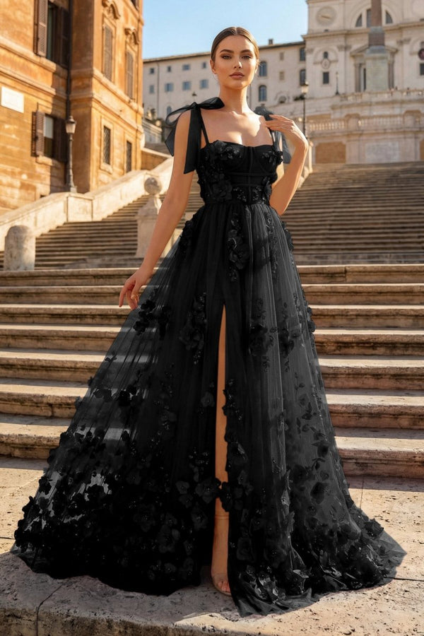 Scarlet Tulle A-line 3D Flower Long Prom Dress With Slit – Prom Dress by KissProm | Available at KissProm