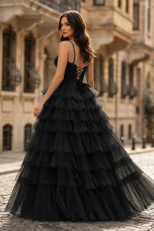 Spaghetti Straps Sweetheart Layered Tulle Formal Prom Dress with Slit - KissProm