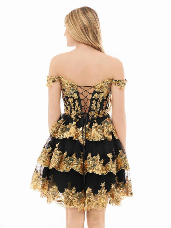 Ronda | Gold Off the Shoulder Applique Ruffle Homecoming Dress