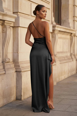 Black One Shoulder Sheath Satin Long Prom Dresses With Slit - KissProm