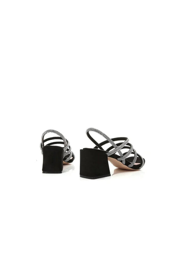 Black Rhinestones Strappy Chunky Heels - KissProm
