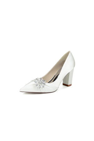 Black Satin High Heels with a Crystal Flower Accent - KissProm