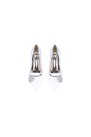 Black Satin High Heels with a Crystal Flower Accent - KissProm