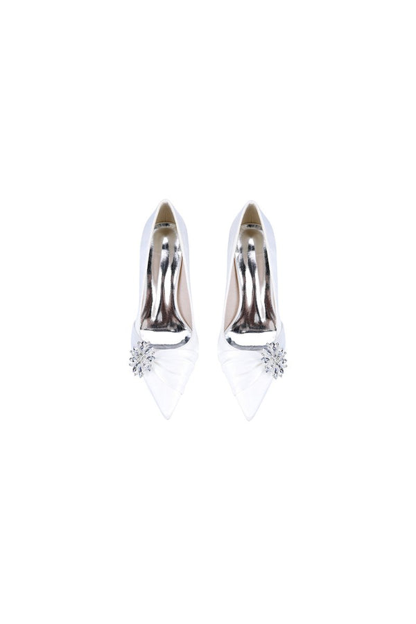 Black Satin High Heels with a Crystal Flower Accent - KissProm