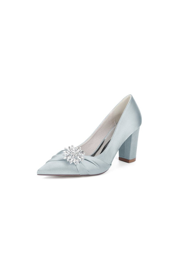 Black Satin High Heels with a Crystal Flower Accent - KissProm
