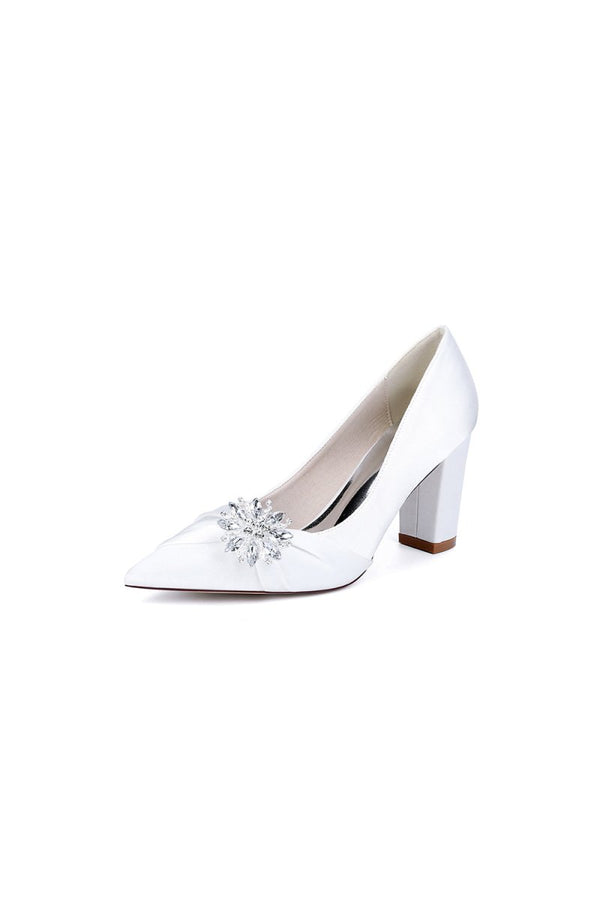 Black Satin High Heels with a Crystal Flower Accent - KissProm