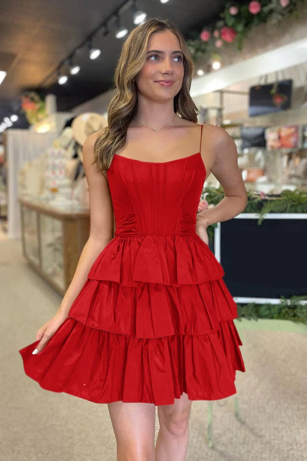 Ivilia | Black Spaghetti Straps Satin A-Line Ruffled Short Corset Homecoming Dress with Bow