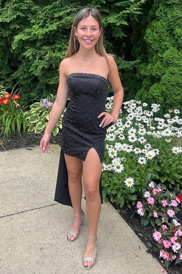 Ferris | Fuchsia Strapless Beaded Bodycon Short Homecoming Dress with Bow - KissProm