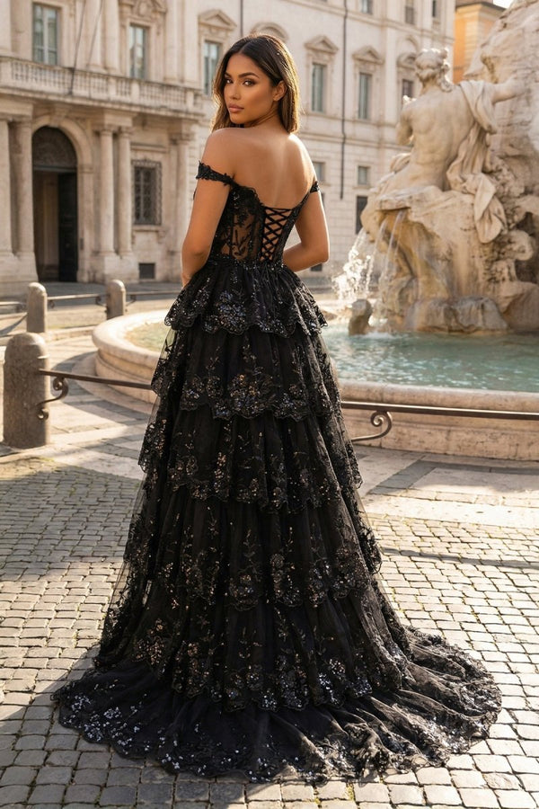 Periwinkle Tulle Appliques Off - the - Shoulder Ruffle Long Prom Dress - KissProm