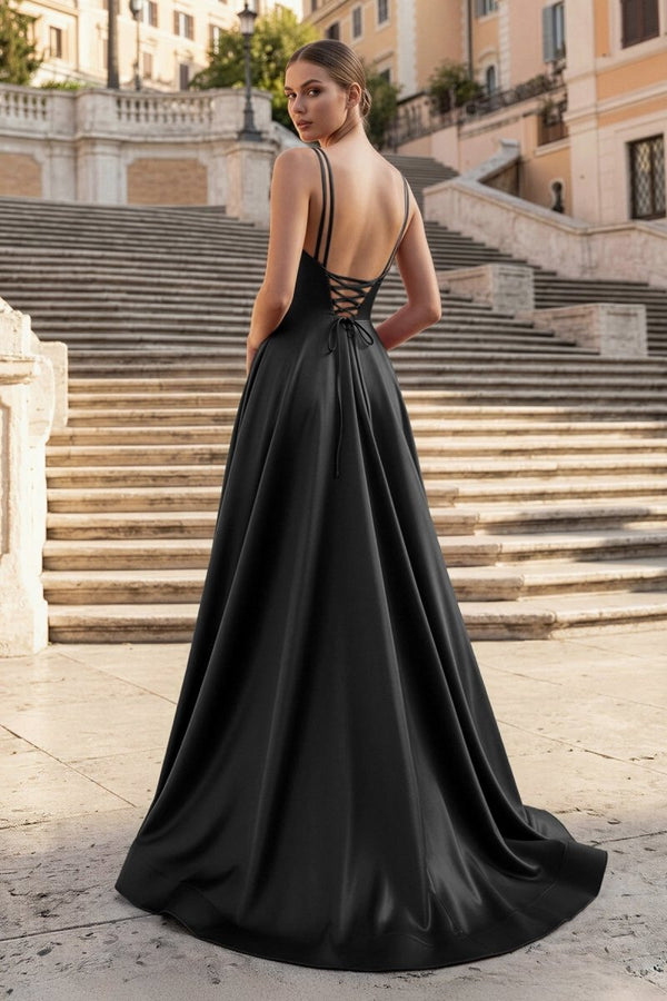 Burgundy Spaghetti Straps A Line Satin Long Prom Dresses With Slit - KissProm