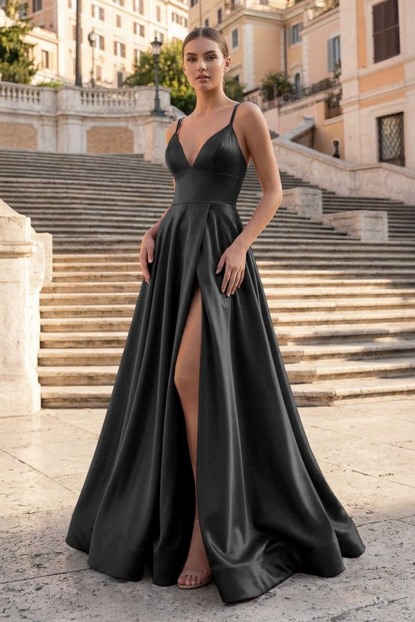 Burgundy Spaghetti Straps A Line Satin Long Prom Dresses With Slit - KissProm