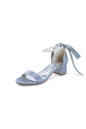 Block - Heel Sandal Adorned with Pearl Ankle Band and Ribbon Bow - KissProm