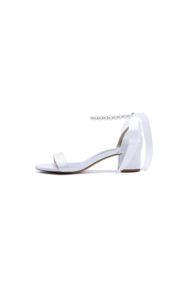 Block - Heel Sandal Adorned with Pearl Ankle Band and Ribbon Bow - KissProm