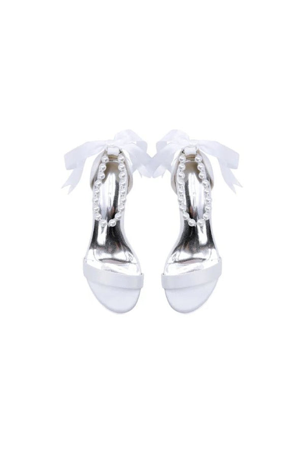 Block - Heel Sandal Adorned with Pearl Ankle Band and Ribbon Bow - KissProm