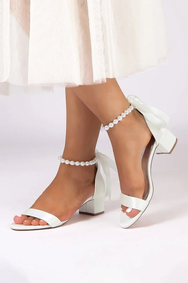 Block - Heel Sandal Adorned with Pearl Ankle Band and Ribbon Bow - KissProm