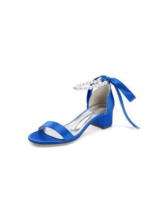 Block - Heel Sandal Adorned with Pearl Ankle Band and Ribbon Bow - KissProm