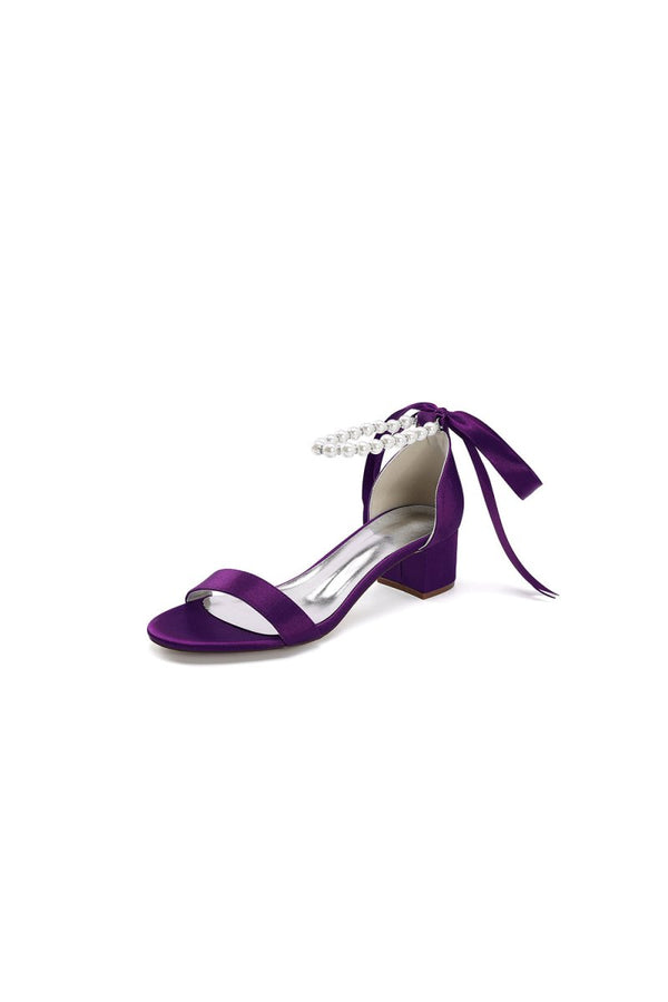 Block - Heel Sandal Adorned with Pearl Ankle Band and Ribbon Bow - KissProm