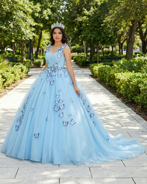 Quinceanera Dress Sky Blue Butterfly Flowers Lace Up Ball Gowns Long Prom Dresses - KissProm