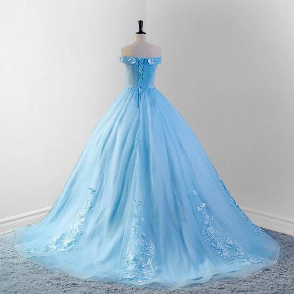 Sky Blue Lace Dress 3D Flowers Quinceanera Dresses with Train