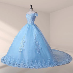 Royal Blue Lace Off the Shoulder Quinceanera Dresses with Flowers