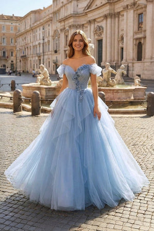 Blue Tulle Floor Length Prom Dress, Off the Shoulder Evening Dress with 3D Flowers - KissProm