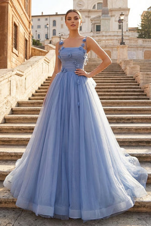 Blue Tulle Long A - Line Prom Dress Blue Spaghetti Straps Party Dress with Bow - KissProm