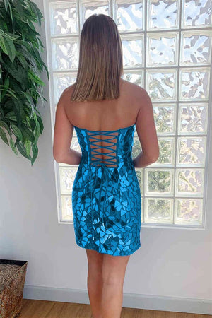 Bodycon Strapless Royal Blue Short homecoming Dresses with Beading