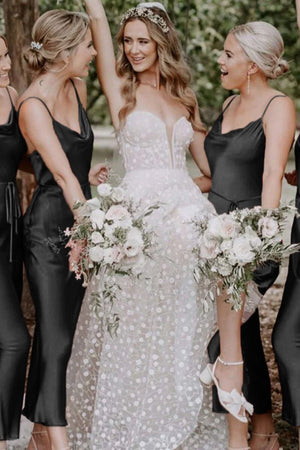 Bohemian Sheath Straps Rust Silk Satin Ankle Length Bridesmaid Dresses - KissProm
