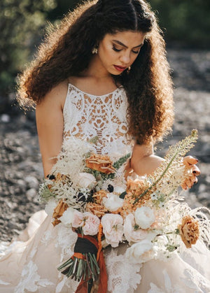 Bohemian A - Line Backless Spaghetti Straps Sleeveless Lace Emboridery Wedding Dresses - KissProm