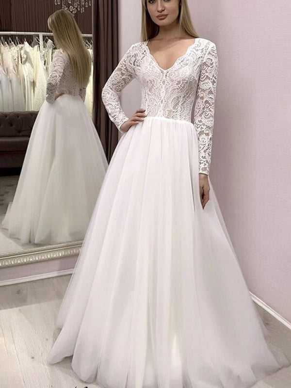 Bohemian Long Sleeves Lace Button Back A Line Modest Wedding Dresses - KissProm