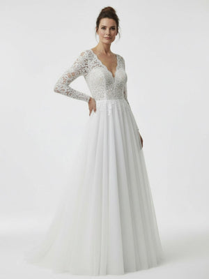 Bohemian Long Sleeves Lace Button Back A Line Modest Wedding Dresses - KissProm