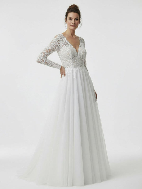 Bohemian Long Sleeves Lace Button Back A Line Modest Wedding Dresses - KissProm