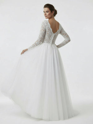 Bohemian Long Sleeves Lace Button Back A Line Modest Wedding Dresses - KissProm