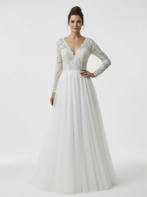 Bohemian Long Sleeves Lace Button Back A Line Modest Wedding Dresses - KissProm