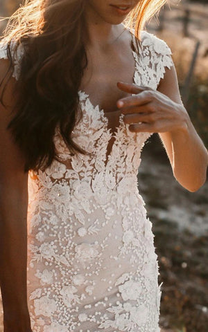 Boho Mermaid Wedding Dress Floral V-neck Casual Gown with Open Back and Lace Appliques – Wedding Dresses by KissProm | Available at KissProm