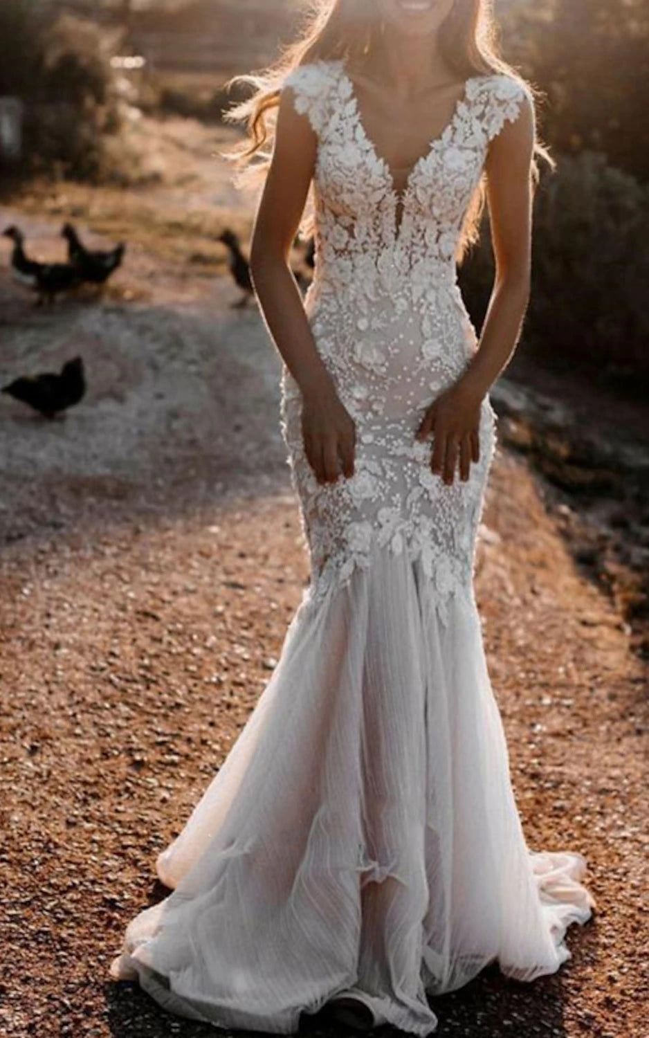 Boho Mermaid Wedding Dress Floral V-neck Casual Gown with Open Back and Lace Appliques – Wedding Dresses by KissProm | Available at KissProm