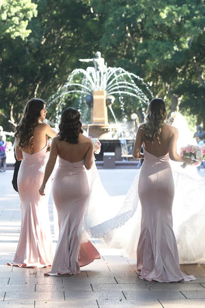 Mermaid Strapless Blush Pink Satin Bridesmaid Dresses Long Party Dresses - KissProm