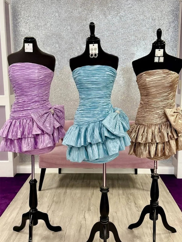 Brinelle | Sky Blue -  A Line Strapless Pleats Short Homecoming Dress with Bow