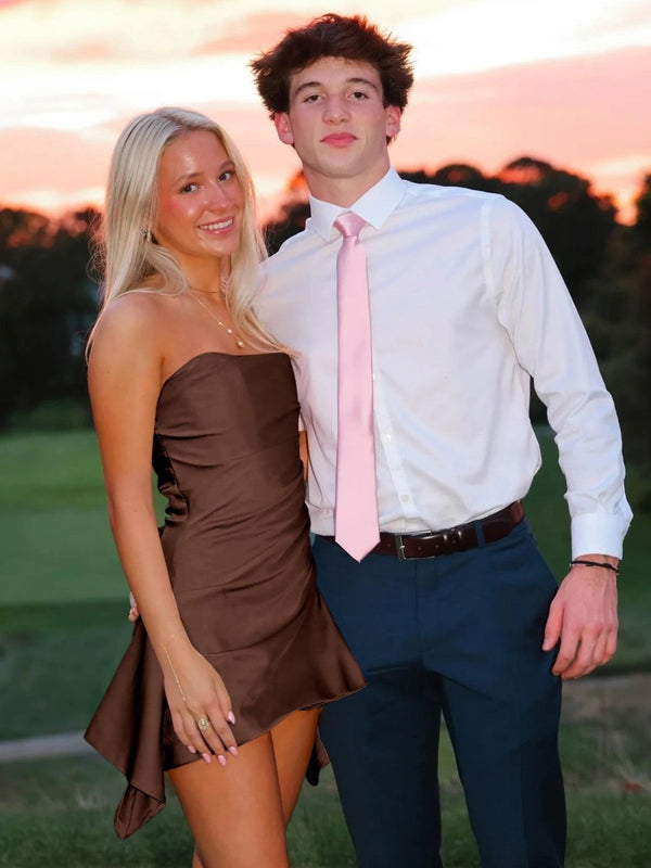 Brown - Strapless Sheath Irregular Hem Satin Short Homecoming & Cocktail Dress - KissProm