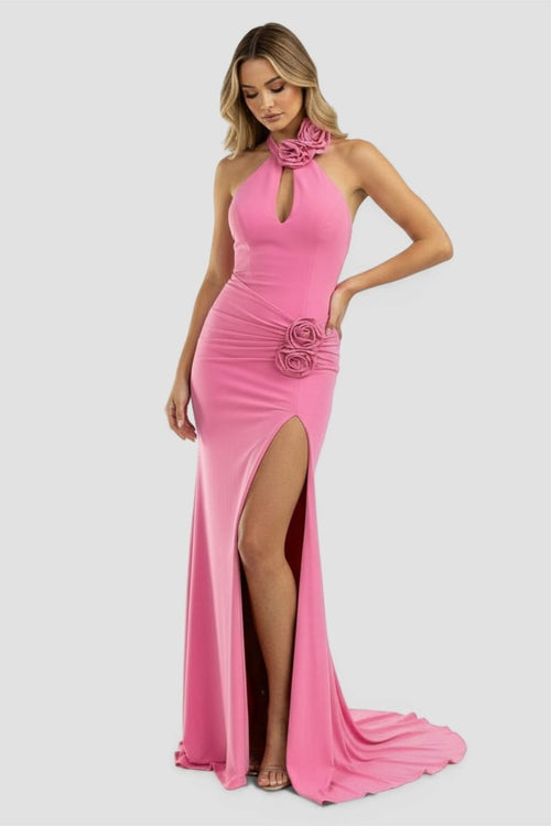KissProm-Bruce Pink Halter Rosette Mermaid Long Formal Dress with Slit 